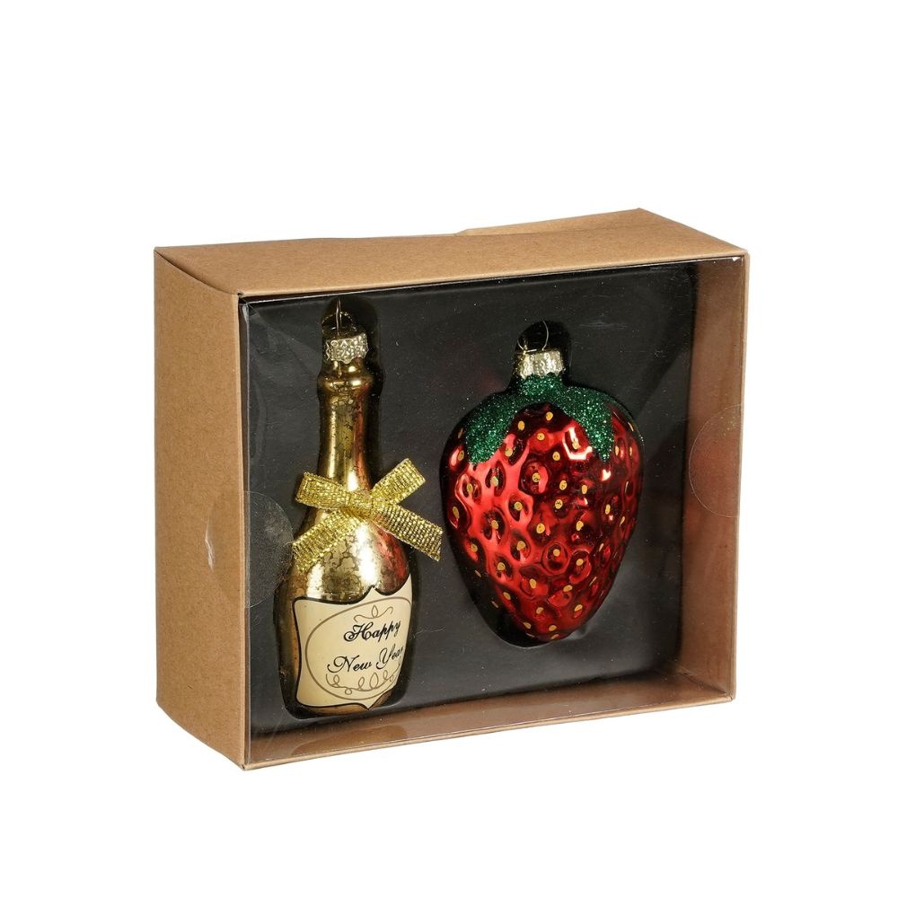 Kersthanger rode champagnefles/aardbei | glas | 24cm