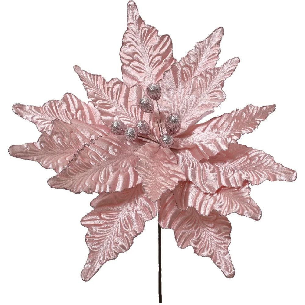 Poinsettia/kerstbloem op clip | polyester | fluweel | zilver | 15cm