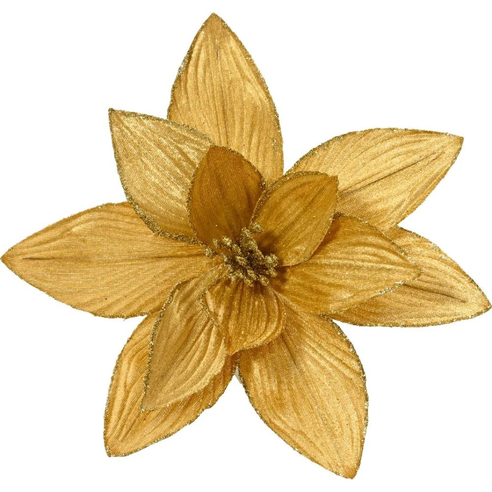 Poinsettia/kerstbloem op clip | polyester | fluweel | goud | 15cm