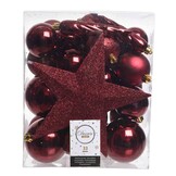 Kerstballen mixbox met piek 33-delig | ossenbloed | kunststof/onbreekbaar | diverse maten