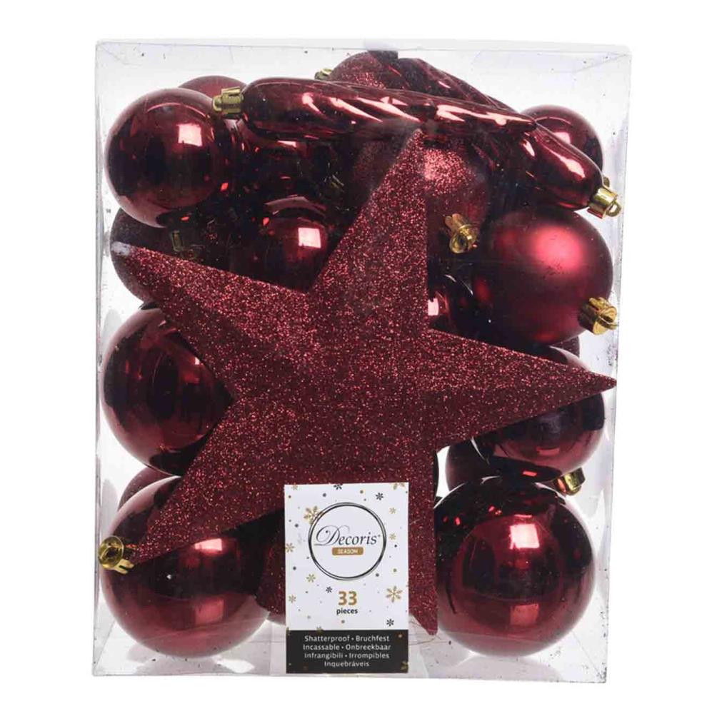 Kerstballen mixbox met piek 33-delig | ossenbloed | kunststof/onbreekbaar | diverse maten