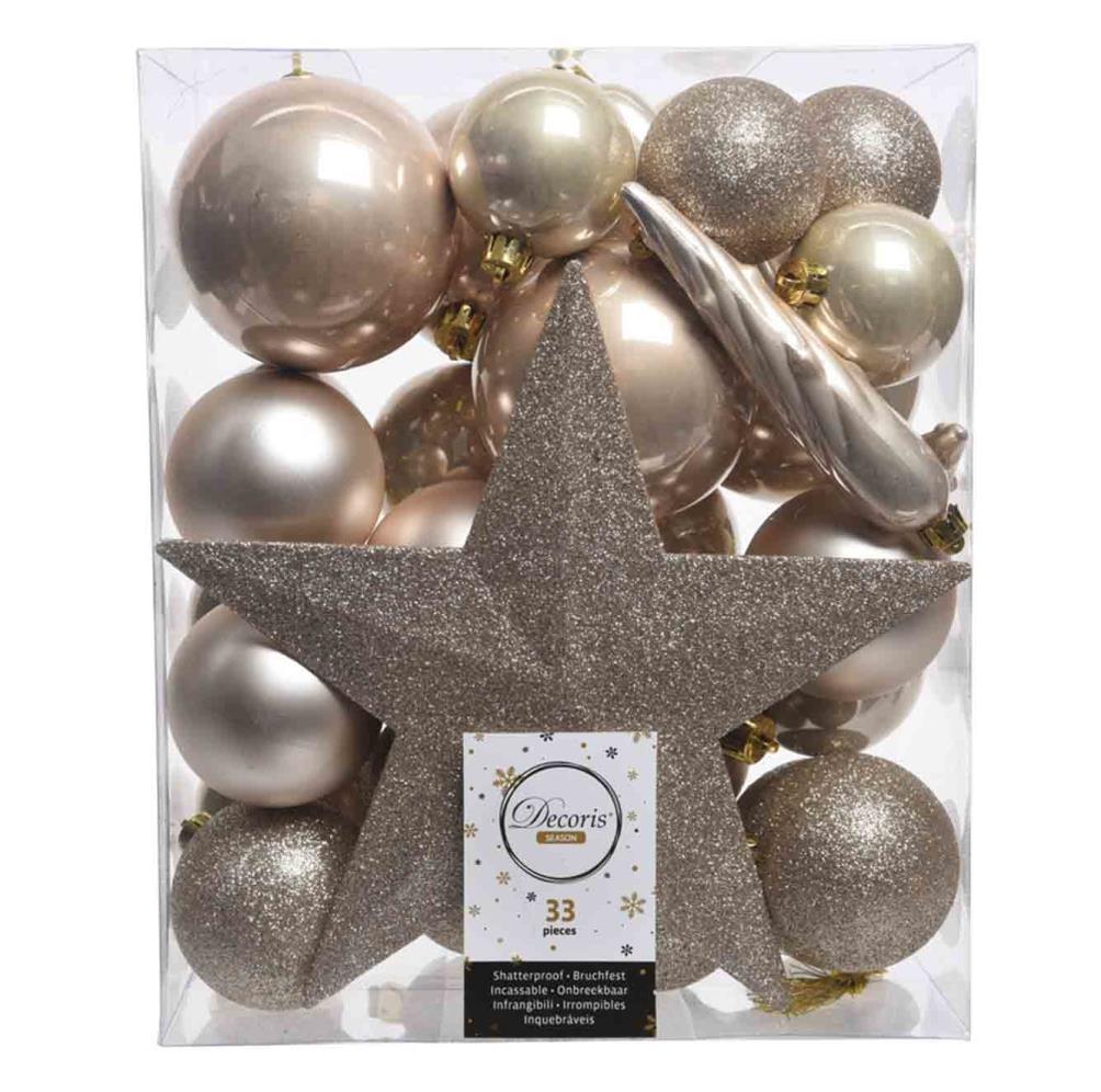 Kerstballen mixbox met piek 33-delig | parel | kunststof/onbreekbaar | diverse maten