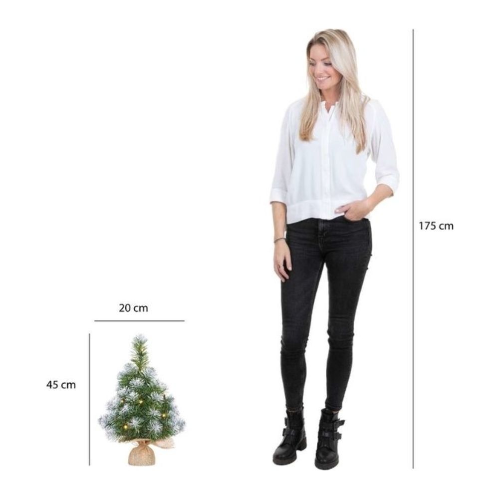 Norton frosted kerstboompje in jute zak 45xø20cm | groen met sneeuw details & 10 LED lampjes