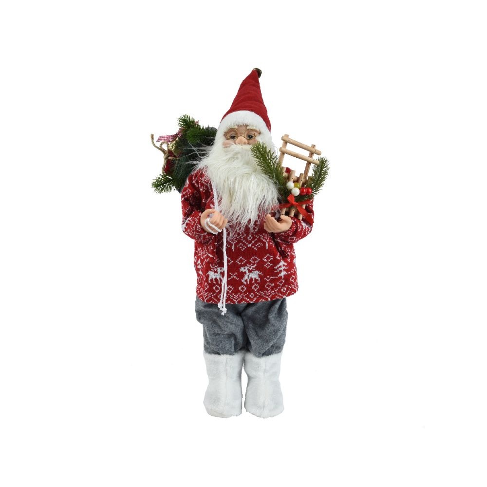 Kerstman pop met grijze broek en kersttrui | polyester | rood/grijs | 60cm