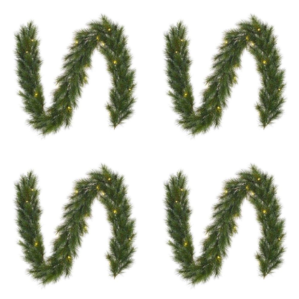 Glendon kerstguirlande set van 4 | groen met bevroren details & LED lampjes | 180cm