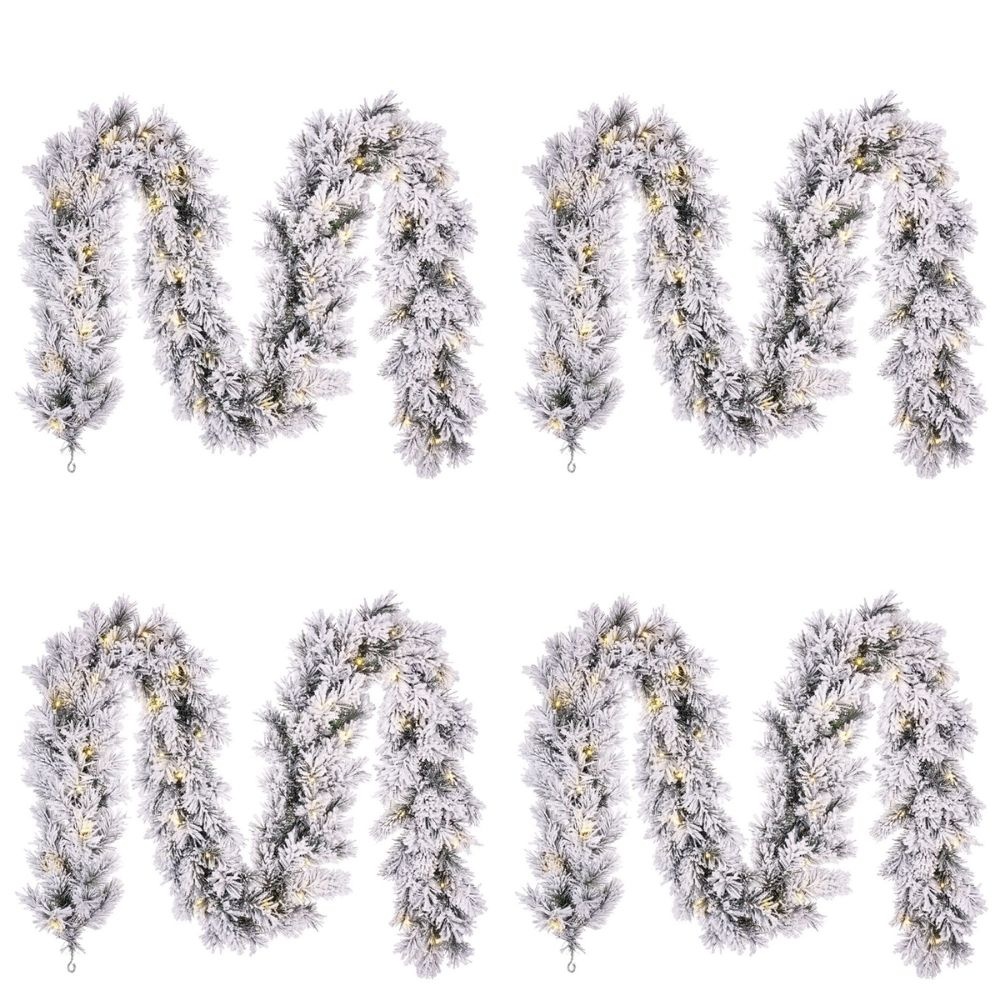 Dinsmore kerstguirlande set van 4 | groen met bevroren details & LED lampjes | 270cm