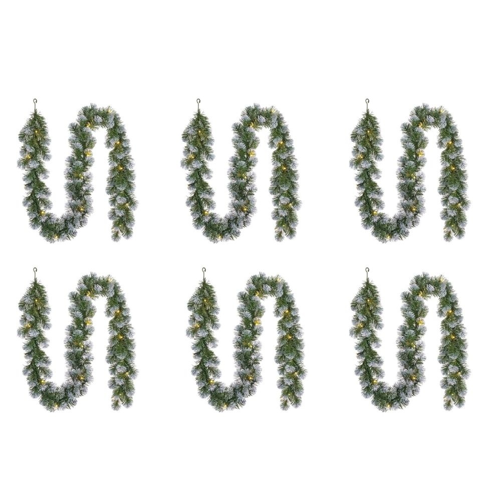Norton Frosted kerstguirlande set van 6 | groen met sneeuw details & LED lampjes | 180cm