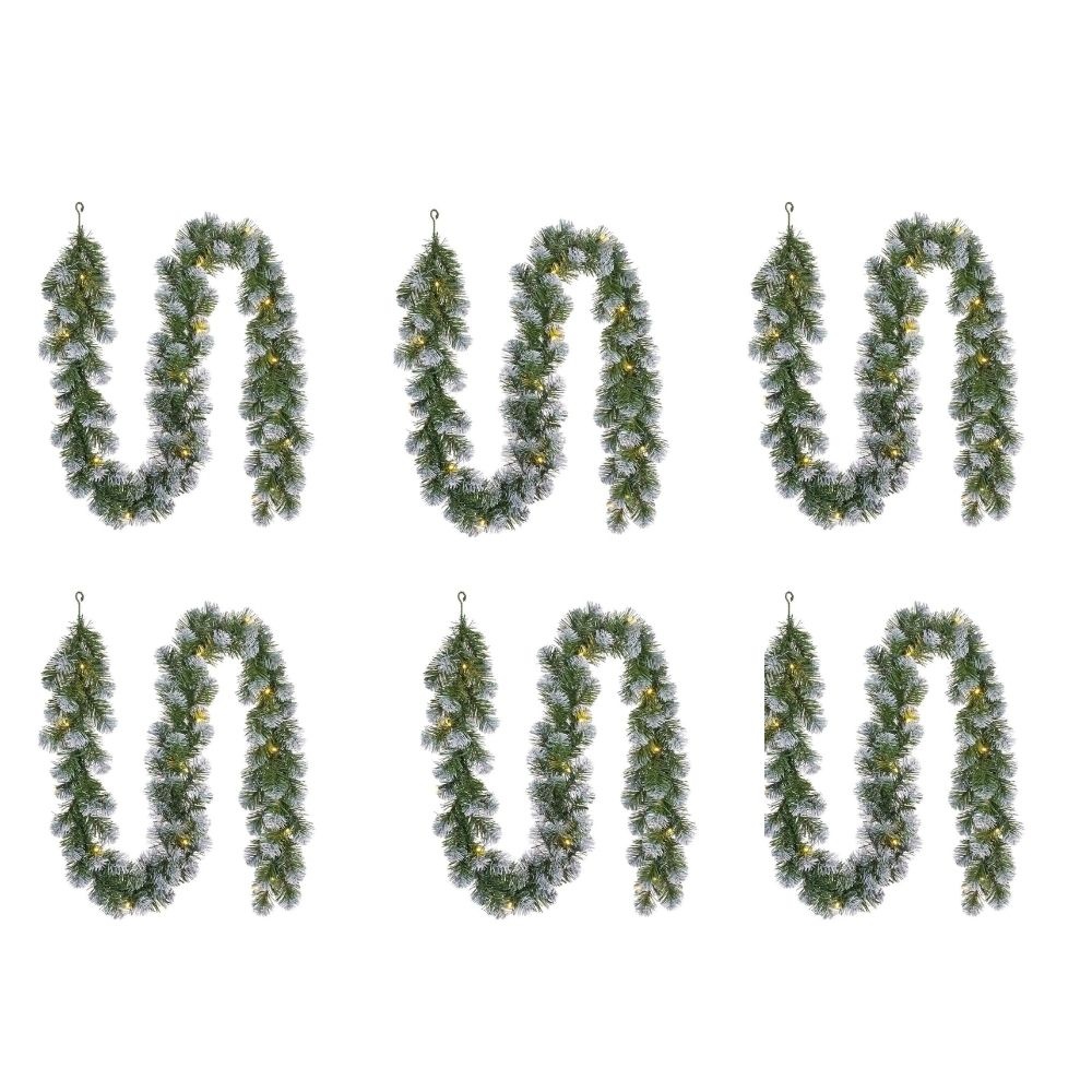 Norton Frosted kerstguirlande set van 6 | groen met sneeuw details & LED lampjes | 270cm