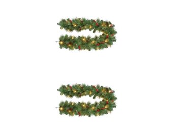 Warth kerstguirlande set van 2 | groen met LED lampjes & rode besjes | 180cm