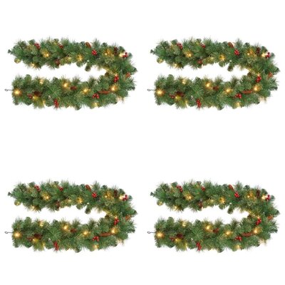 Warth kerstguirlande set van 4 | groen met LED lampjes & rode besjes | 180cm