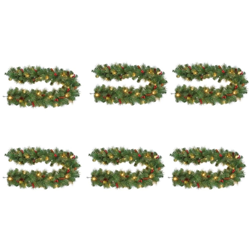 Warth kerstguirlande set van 6 | groen met LED lampjes & rode besjes | 180cm