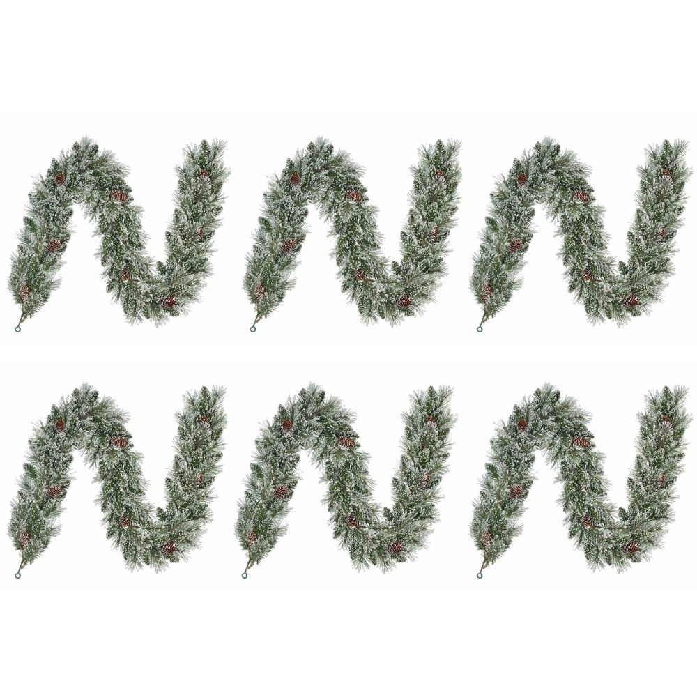 Vandans kerstguirlande set van 6 | groen met bevroren details & dennenappels | 180cm