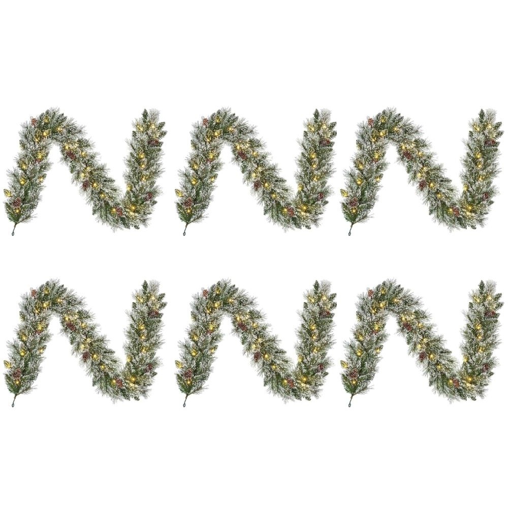 Vandans kerstguirlande set van 6 | groen met LED lampjes & dennenappels | 180cm