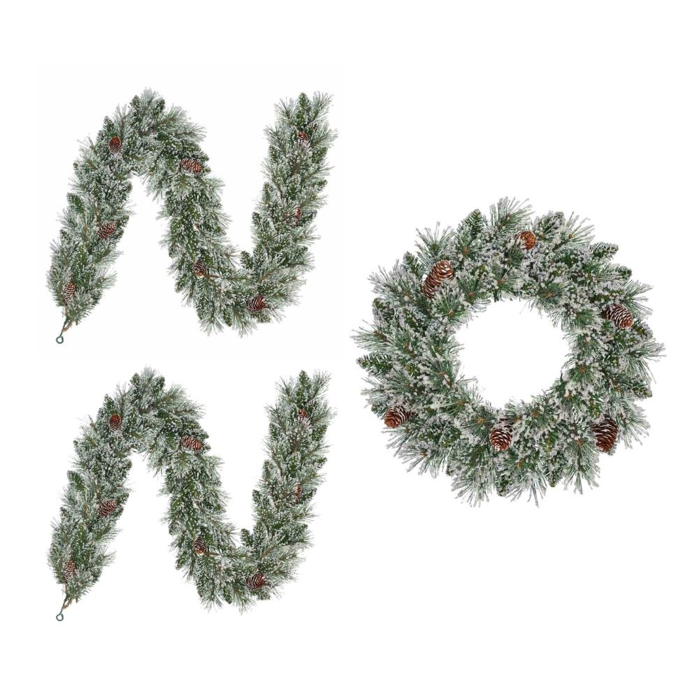 Vandans twee kerstguirlandes + krans 180xø60cm | bevroren details & dennenappels