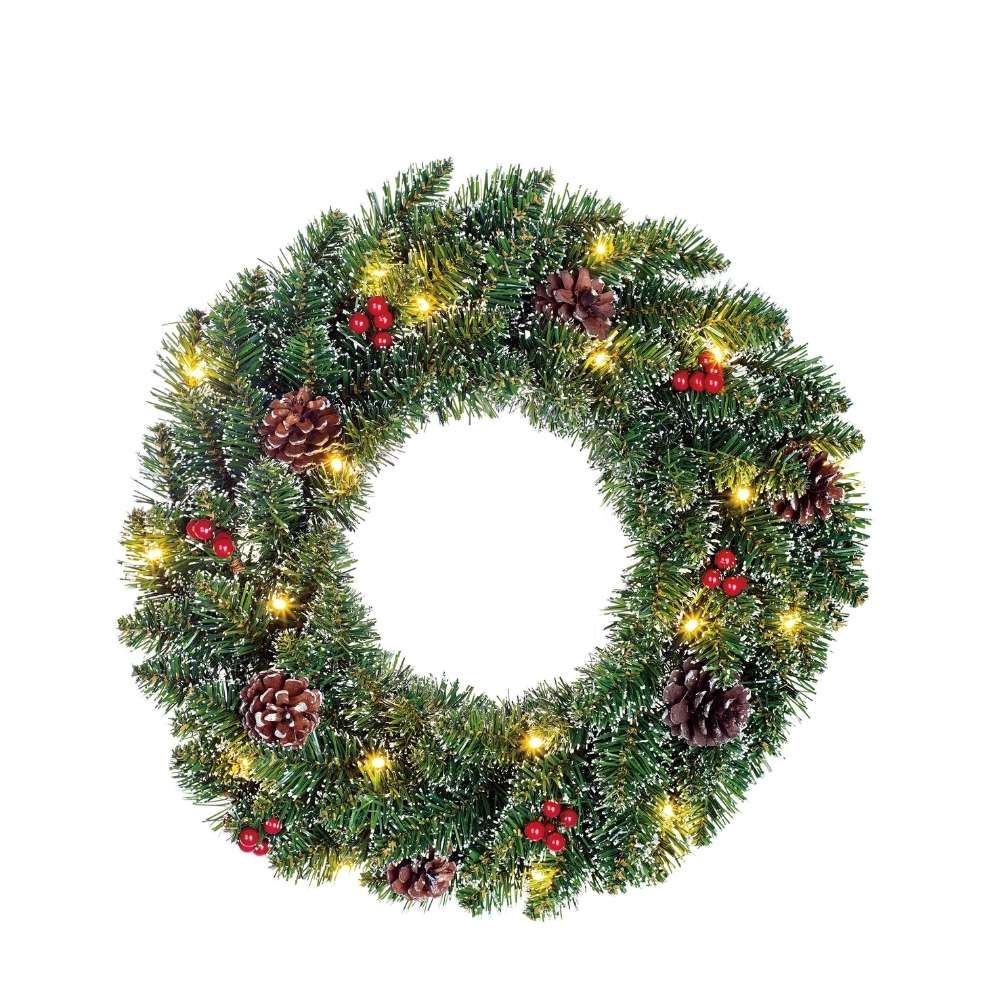 Creston kerstkrans incl. besjes en dennenappels | groen met bevroren details & LED lampjes | 45cm