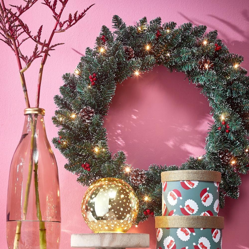 Creston kerstkrans incl. besjes en dennenappels | groen met bevroren details & LED lampjes | 45cm