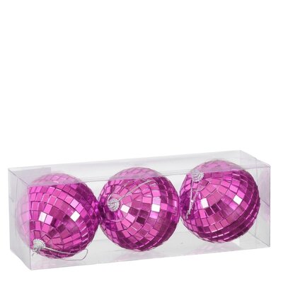 Disco kerstbal | set van 3 | spiegelend | fuchsia | 8cm