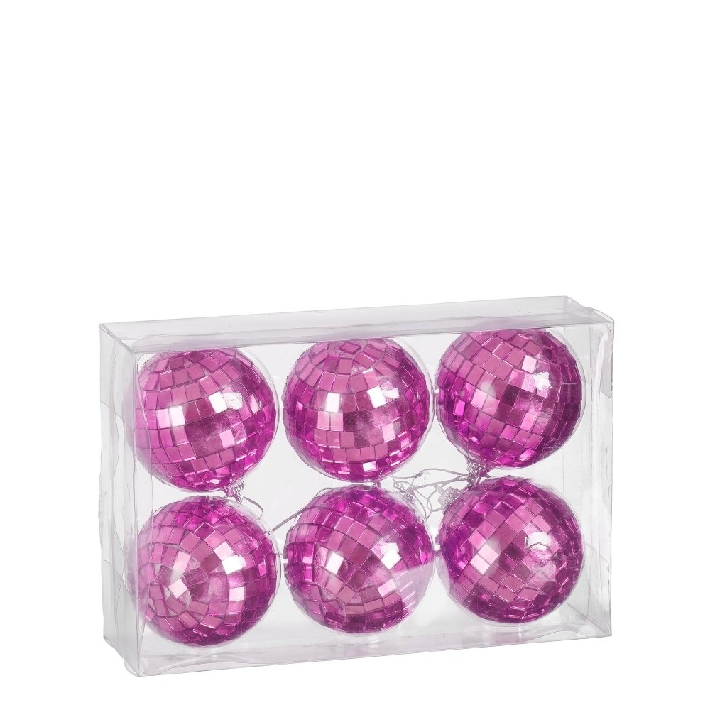 Disco kerstbal | 6-delig | spiegelend | fuchsia | 6cm