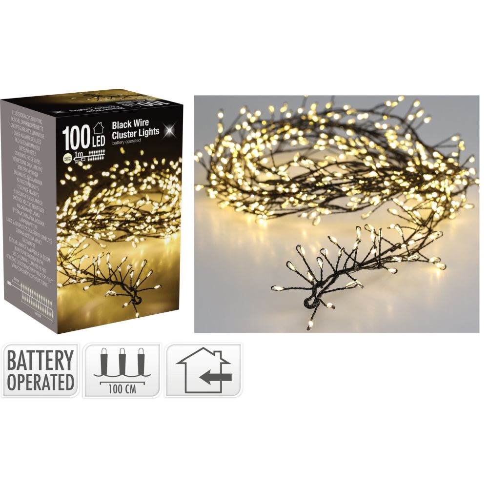 Kerstverlichting cluster zwartdraad | 100 LED lampjes | warm wit