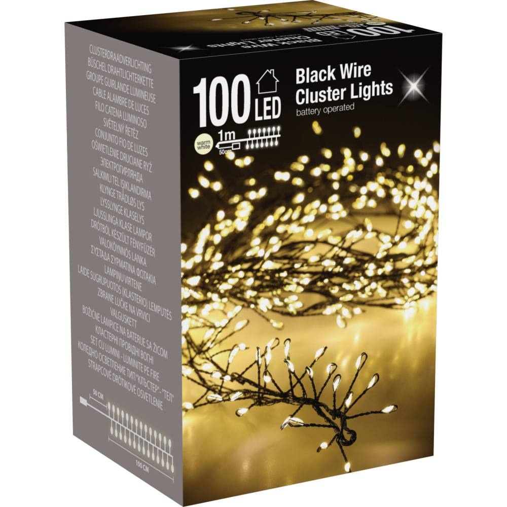 Kerstverlichting cluster zwartdraad | 100 LED lampjes | warm wit