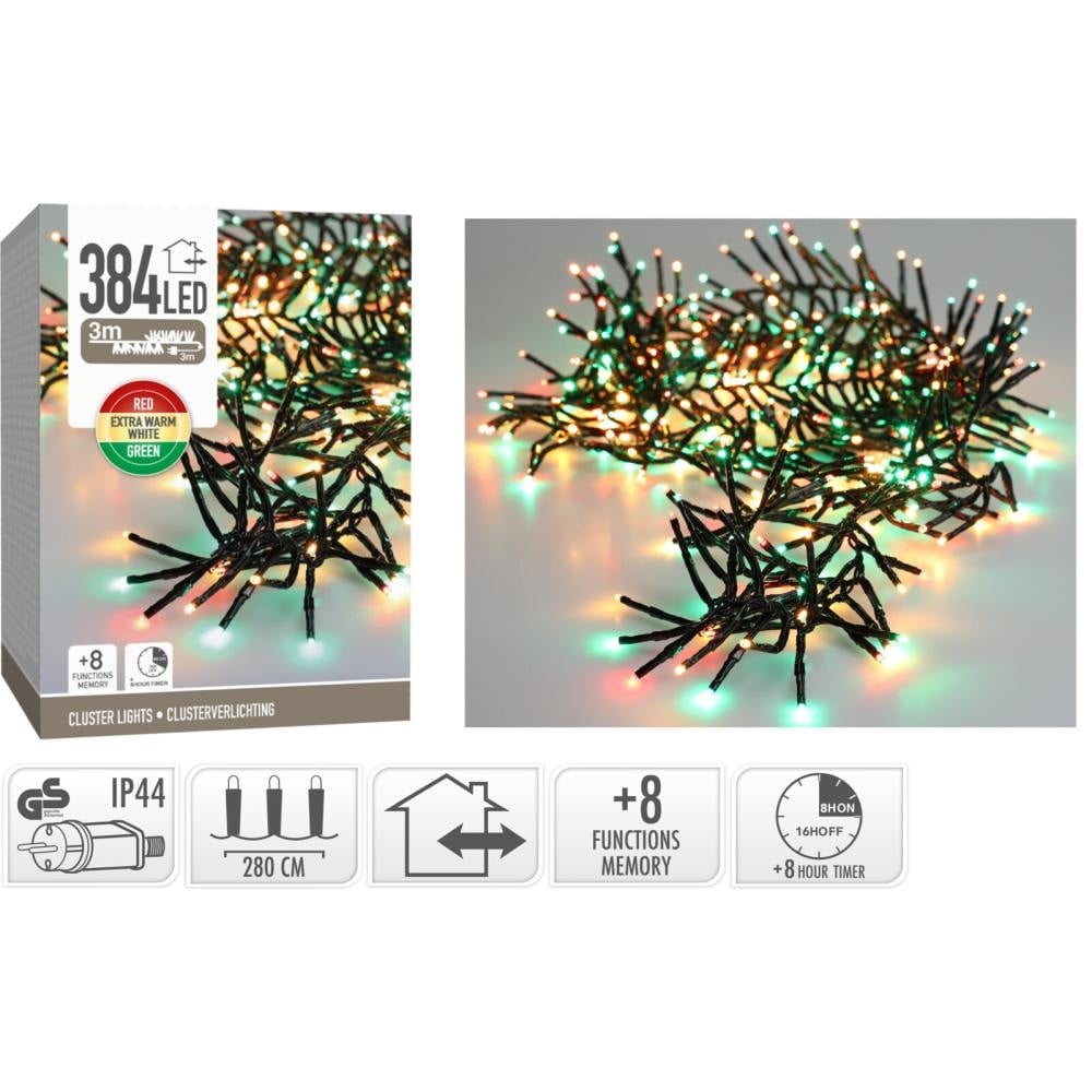 Kerstverlichting cluster | 384 LED lampjes | extra warm wit/rood/groen | 2,8m