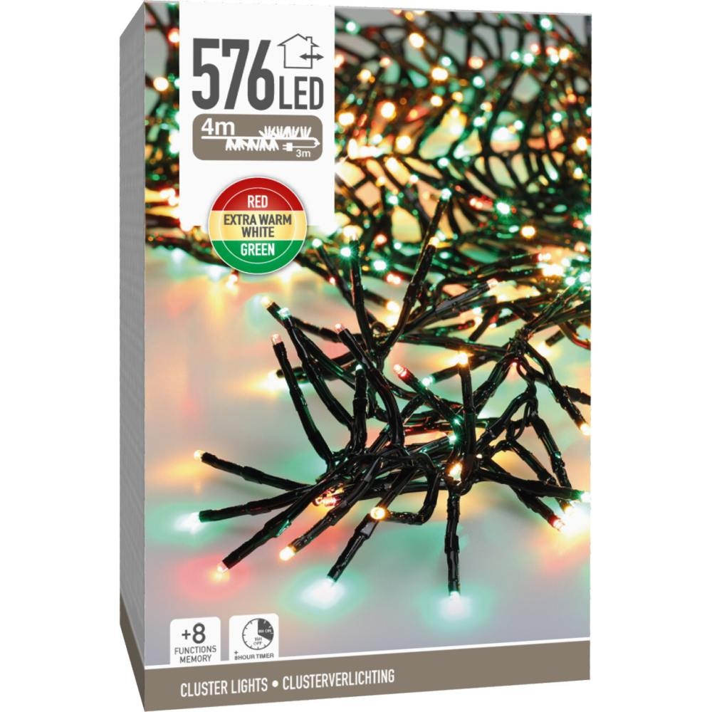 Kerstverlichting cluster | 576 LED lampjes | extra warm wit/rood/groen | 4,2m