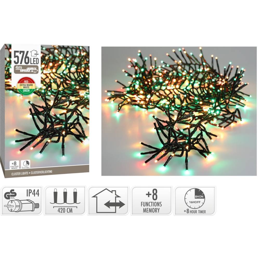 Kerstverlichting cluster | 576 LED lampjes | extra warm wit/rood/groen | 4,2m