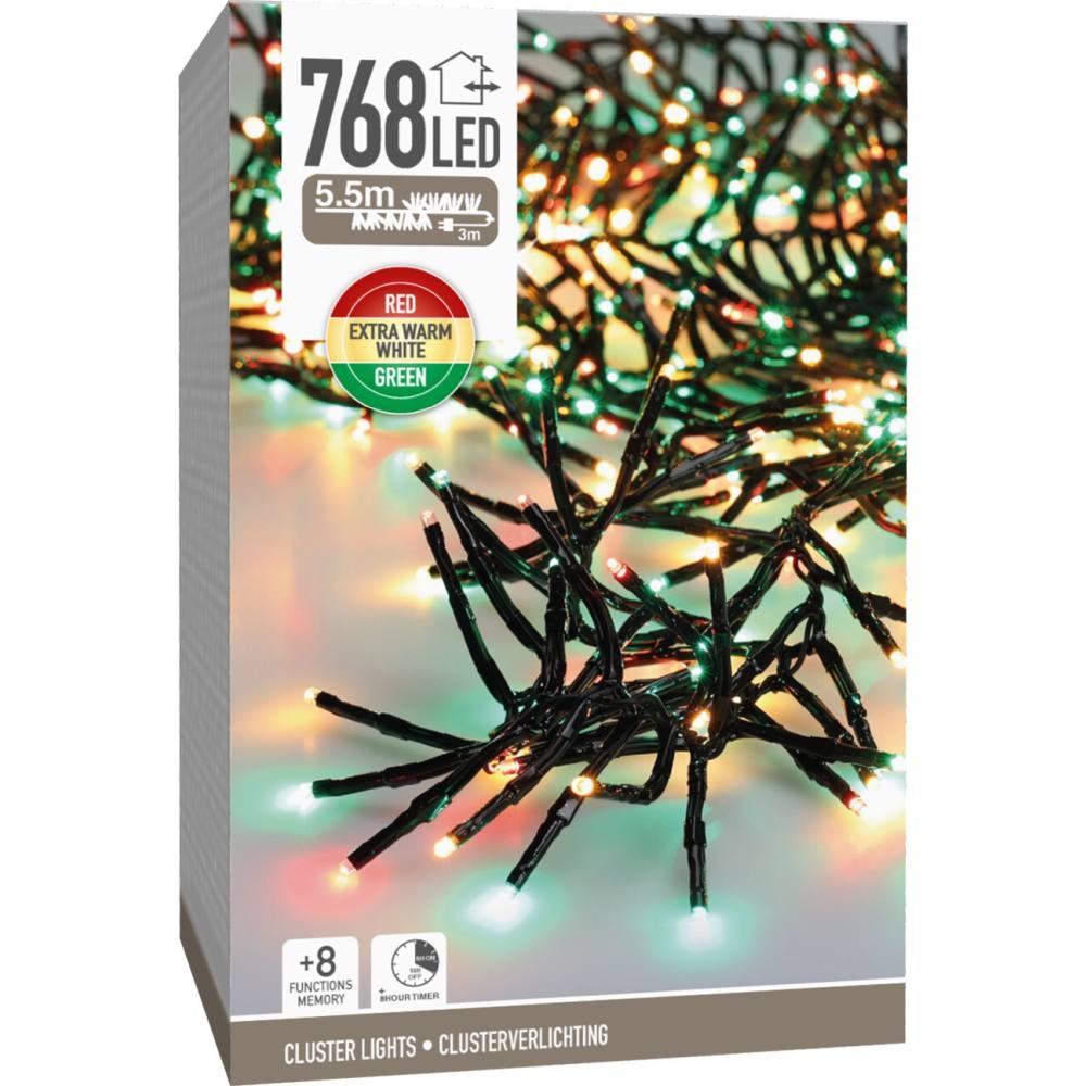 Kerstverlichting cluster | 768 LED lampjes | extra warm wit/rood/groen | 5,5m
