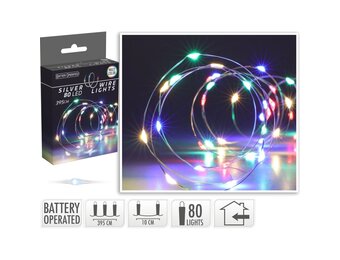 Kerstverlichting zilverdraad | 100 LED lampjes | multicolor | op batterijen | 4 meter