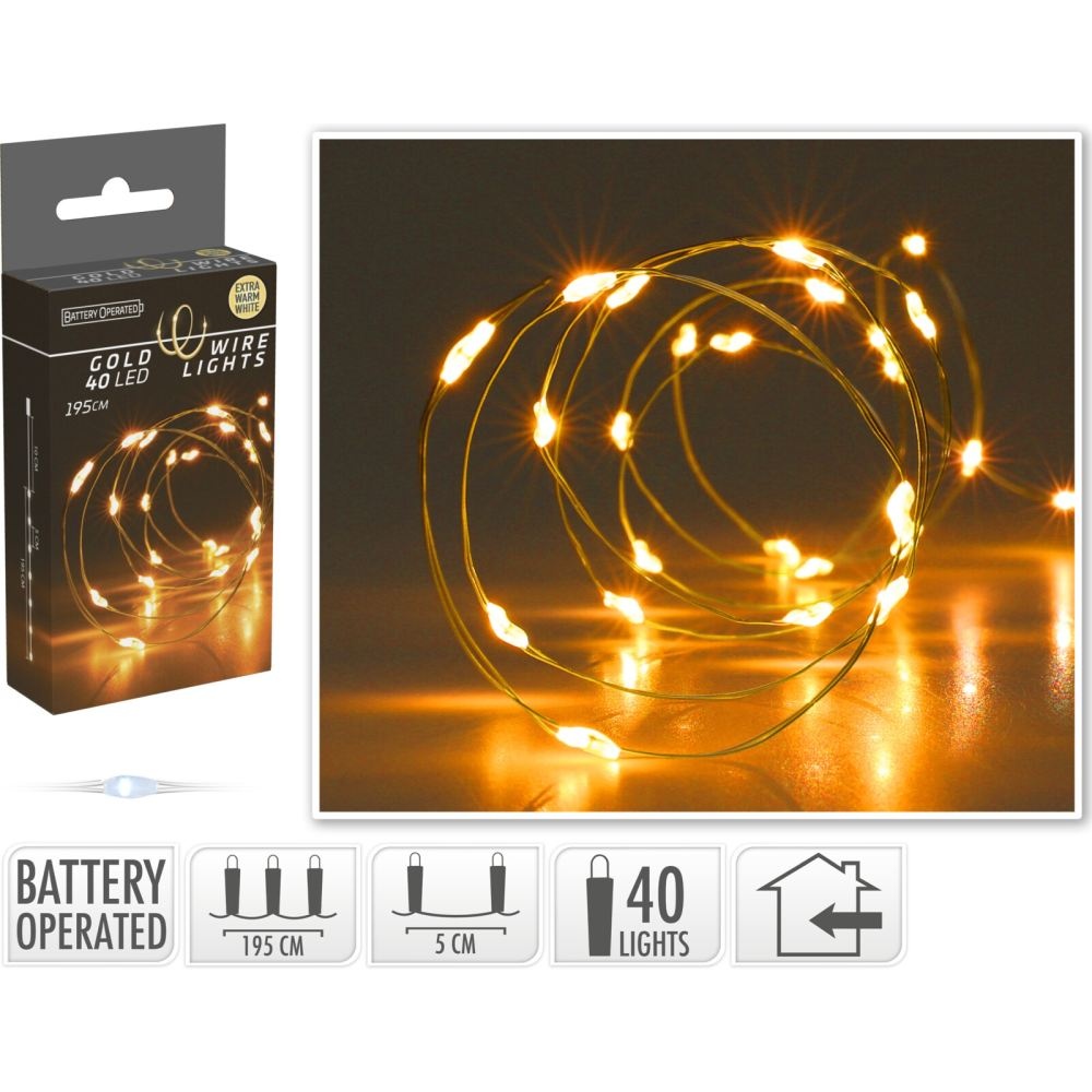 Kerstverlichting gouddraad | 40 LED lampjes | extra warm wit | op batterijen
