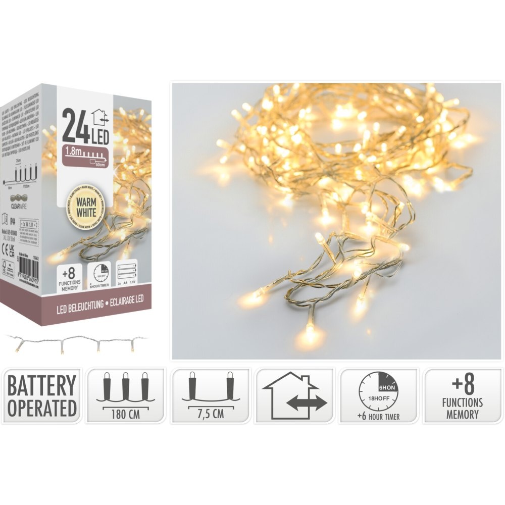 Kerstverlichting | 24 LED lampjes | met timer functie | warm wit | 1,8m