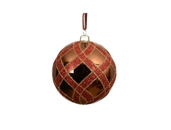 Kerstbal | plastic | bruin/rood met glitters | 8cm