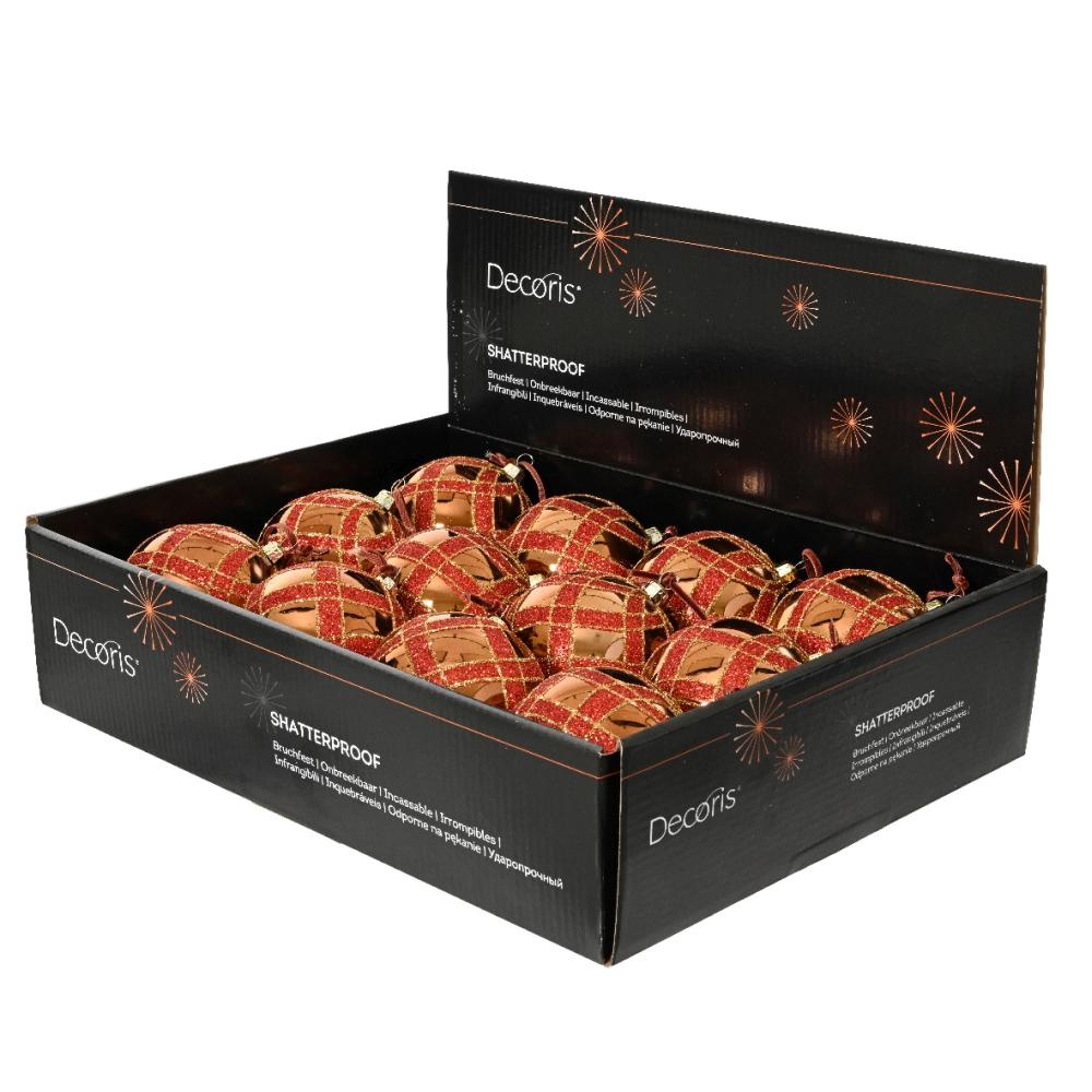 Kerstbal | plastic | bruin/rood met glitters | 8cm