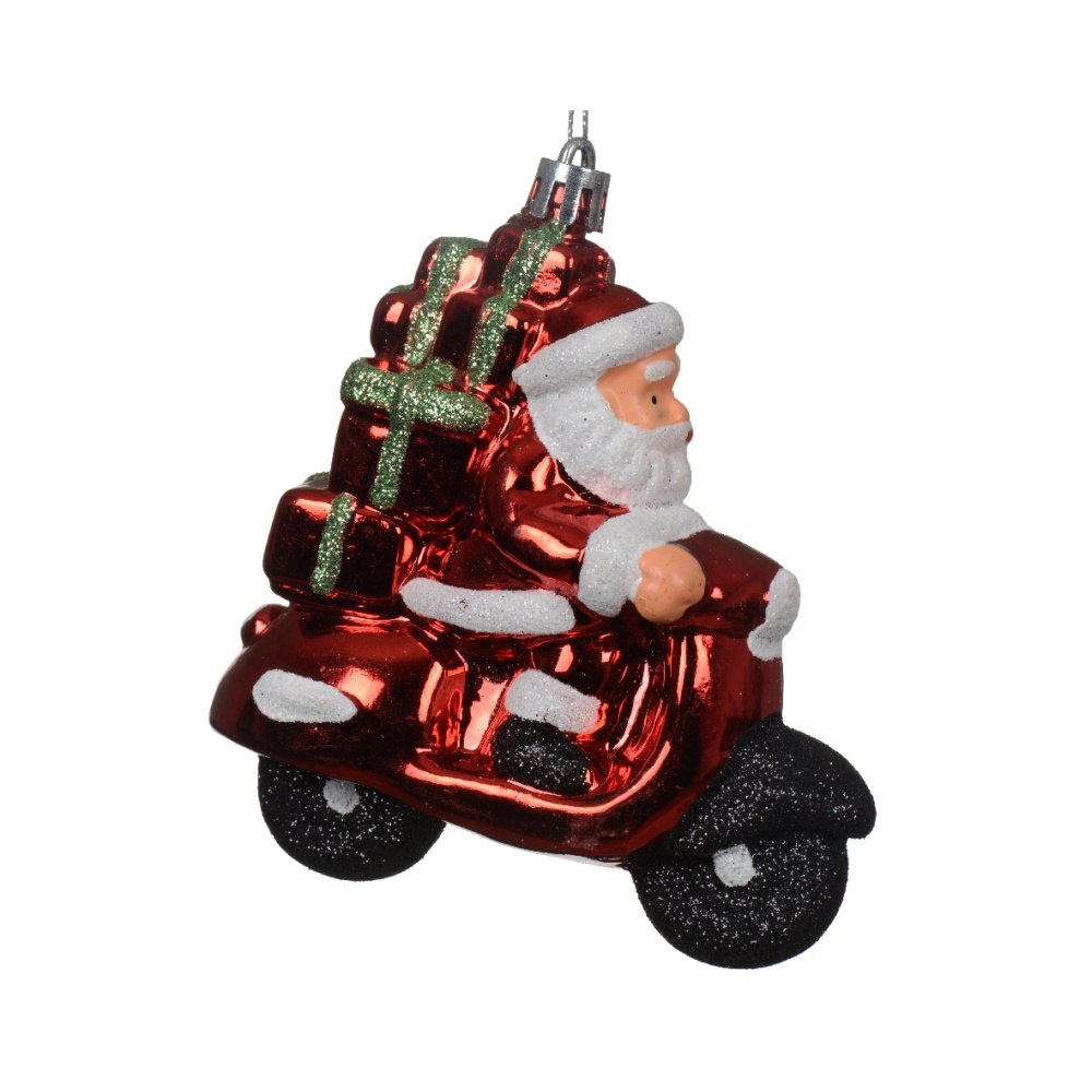Kersthanger kerstman op scooter | plastic | rood | 10cm