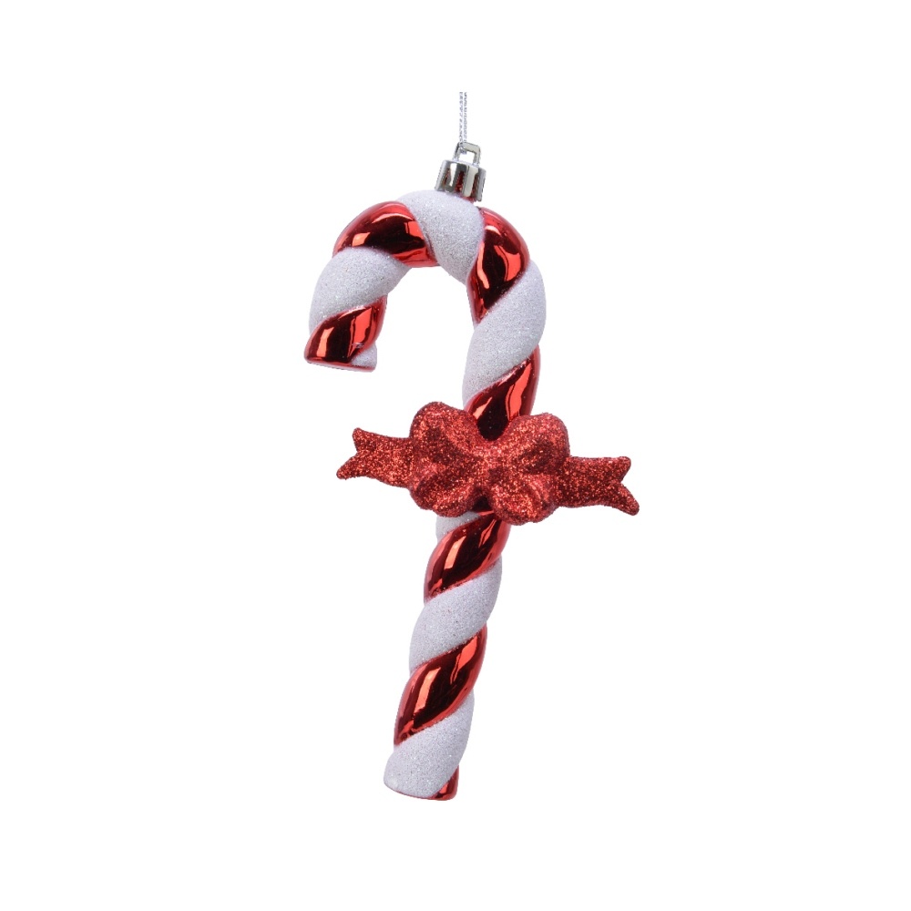 Kersthanger zuurstok met strik | plastic | rood/wit met glitters | 13,5cm