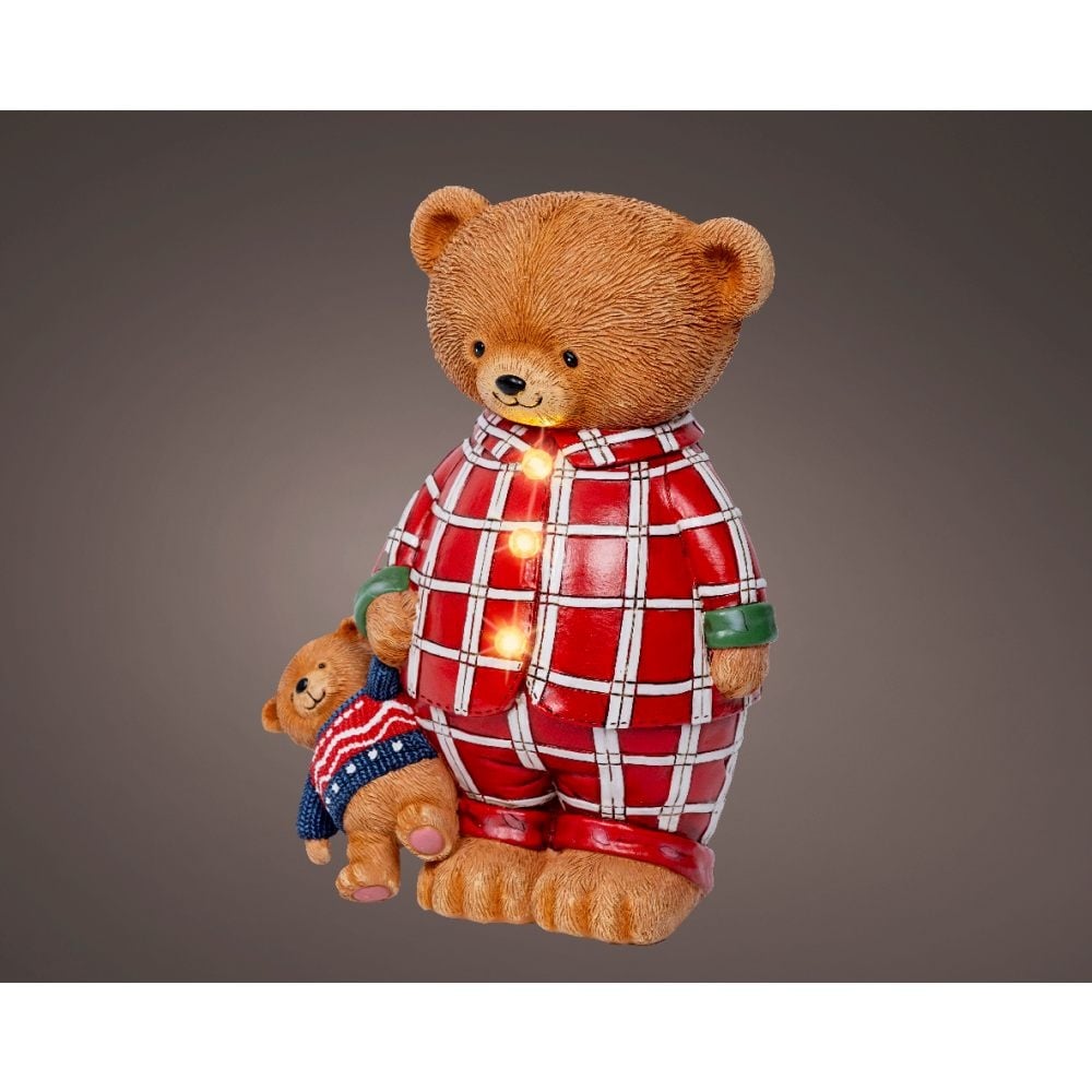 Beer in pyjama | polyresin | rood/wit met LED lampjes | 24cm