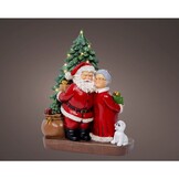 Kerstman met kerstvrouw | polyresin | rood/wit met LED lampjes | 24,5cm
