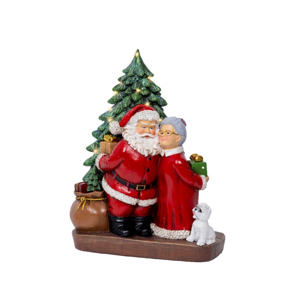Kerstman met kerstvrouw | polyresin | rood/wit met LED lampjes | 24,5cm
