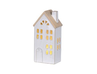 Kersthuisje | porselein | wit met LED lampjes | 20,5cm