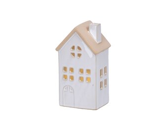 Kersthuisje | porselein | wit met LED lampjes | 15,5cm