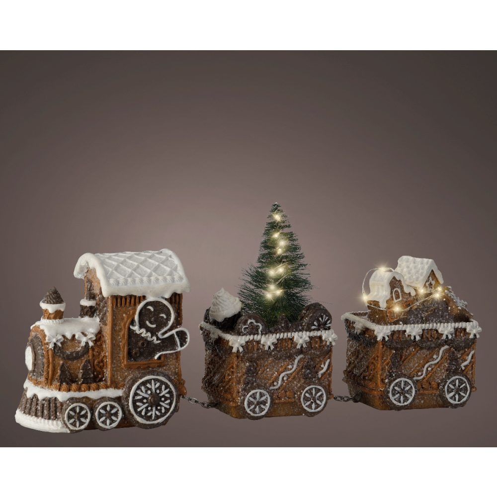 Besneeuwde kersttrein | polyresin | bruin met LED lampjes | 15,5cm