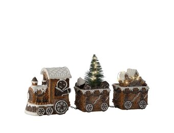 Besneeuwde kersttrein | polyresin | bruin met LED lampjes | 15,5cm