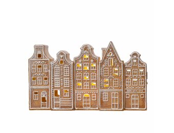 Peperkoek kersthuisjes | polyresin | bruin met LED lampjes | 12cm