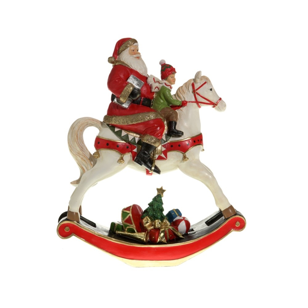 Kerstman met kind op hobbelpaard | polyresin | 18cm