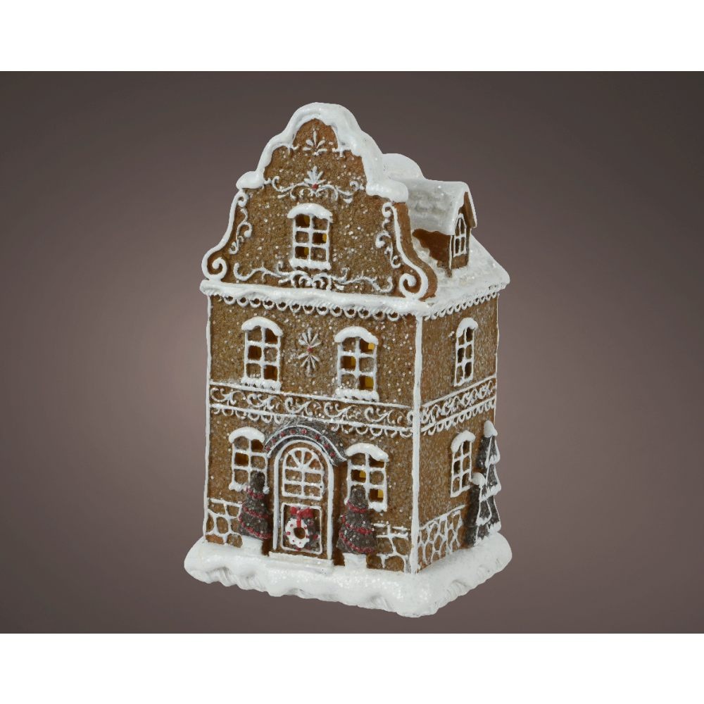 Besneeuwd kersthuisje | polyresin | bruin met LED lampjes | 20,5cm