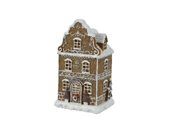 Besneeuwd kersthuisje | polyresin | bruin met LED lampjes | 20,5cm