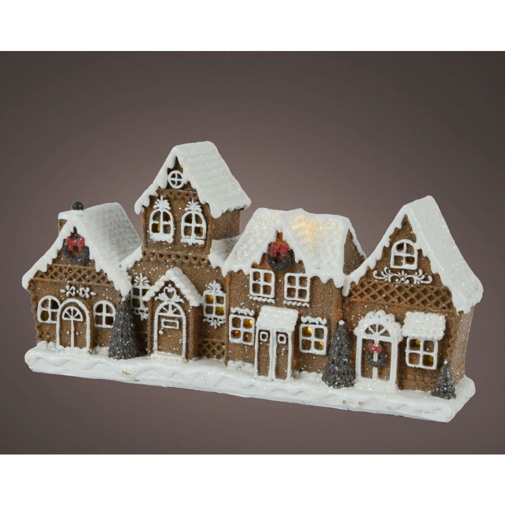 Besneeuwde kersthuisjes | polyresin | bruin met LED lampjes | 12,5cm