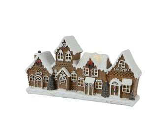 Besneeuwde kersthuisjes | polyresin | bruin met LED lampjes | 12,5cm