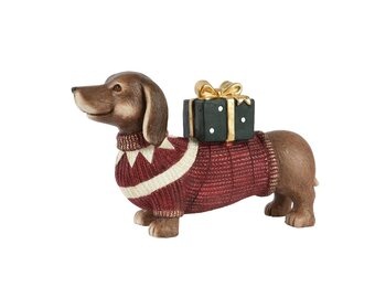 Hond met kersttrui en pakje | polymagnesium | rood | 28cm