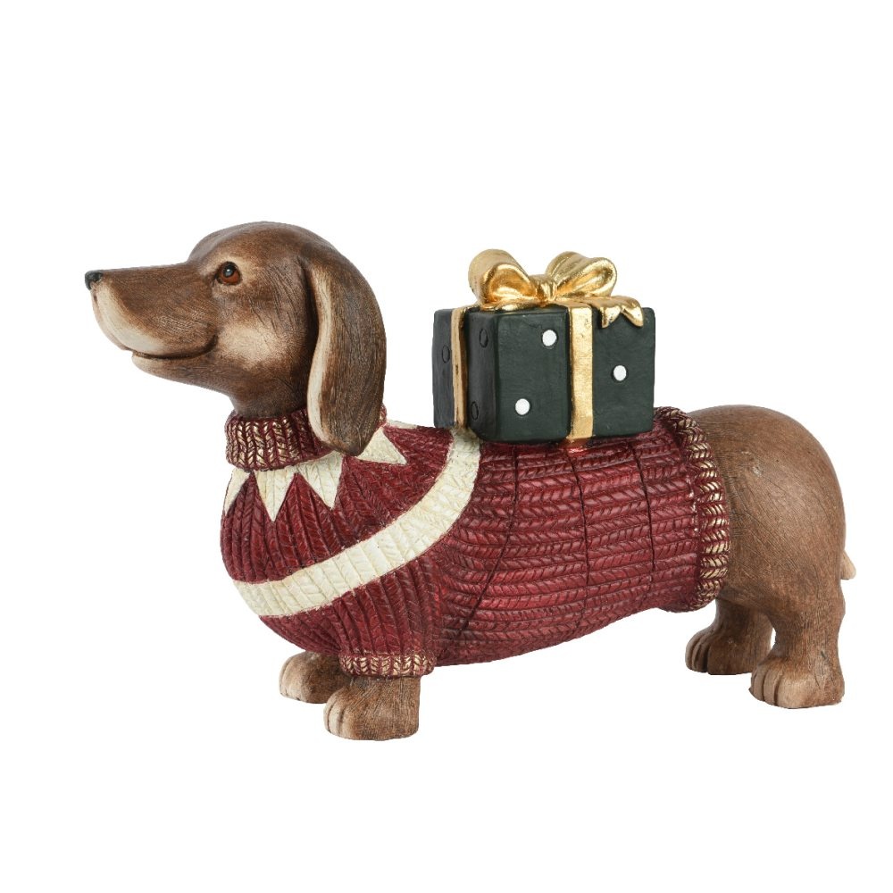 Hond met kersttrui en pakje | polymagnesium | rood | 28cm